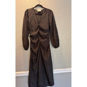 Neo Noir Jess Solid Dress Black Ruched Crinkle Midi V-Neck Puffy Sleeve Size 38